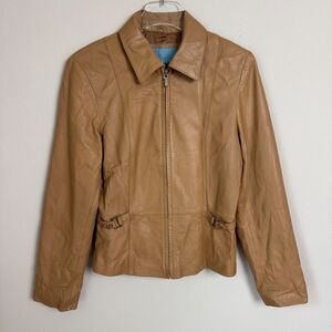 Vintage Y2K Zip-Front Nine West Leather Jacket Tan 90s Minimalism Staple Sz L